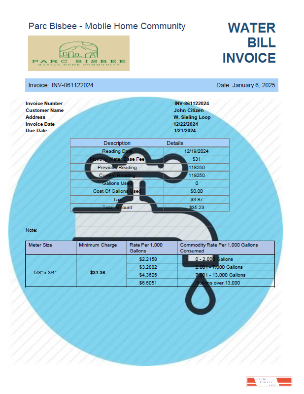 USA Parc Bisbee utility bill template in Word and PDF formats